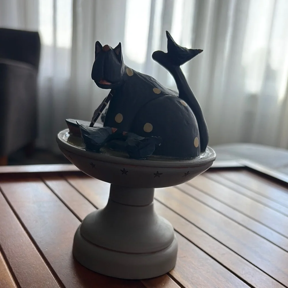 Vtg Williraye Studio WW1317 2000 Cat with Sailboat in Birdbath Folk Art Figurine